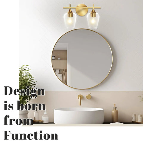Gold Champagne Glass Vanity Lights Over Mirror, 2 Light Modern Wall Mount Fixture For Bathroom Powder Room Kitchen Bedroom Living Room Restroom, Electroplated Metal Finish With Thick Glass Shades.