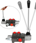 Front view of a black and gray hydraulic flow control valve with red adjustment knobs and three joystick handles