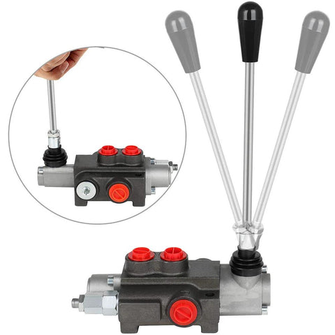 Front view of a black and gray hydraulic flow control valve with red adjustment knobs and three joystick handles