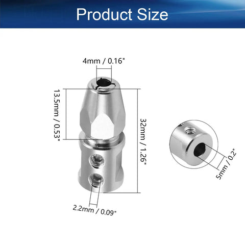 Flex Collet Coupler CNC Stainless Steel For 5mm Motor Shaft And 4mm Flex Shaft, 32mm Length, dimensions shown