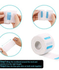 Five rolls of disposable barber neck strips; white paper with blue adhesive patches used to protect the neck during a haircut.