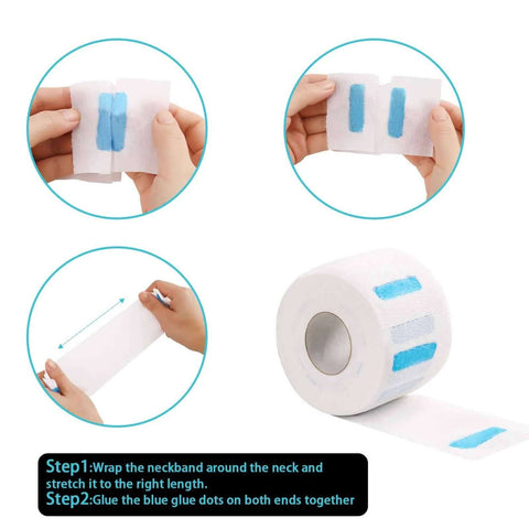 Five rolls of disposable barber neck strips; white paper with blue adhesive patches used to protect the neck during a haircut.