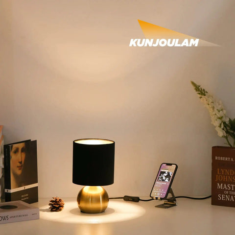 Small Bedside Lamp With Brass Base And Black Fabric Shade, Mini Table Lamp for Bedroom And Living Room on a desk