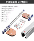 Pro Grade Dual Soft Close Sliding Glass Door Track System For Frameless Bathroom Doors, Champagne Finish, 16.7ft Rail, Complete Sliding Barn Door Hardware Kit, Smooth Quiet Operation And Safe Pinch Guard, shown with components including rollers, fasteners, and track in champagne finish.