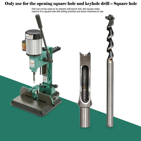 Square Hole Drill Bit Set For Woodworking, 7 Piece Mortising Chisel Bits next to green mortising machine.