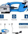 Premium Automatic Welding Strapping Machine With 3000mAh Battery Cordless Electric Strapping Tool showing side view and charging options.