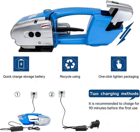 Premium Automatic Welding Strapping Machine With 3000mAh Battery Cordless Electric Strapping Tool showing side view and charging options.