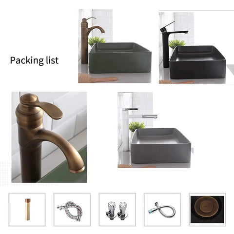 Top Shelf Matte Black Square Pedestal Bathroom Sink Deep Ceramic Washbasin with various faucet options and packing details.