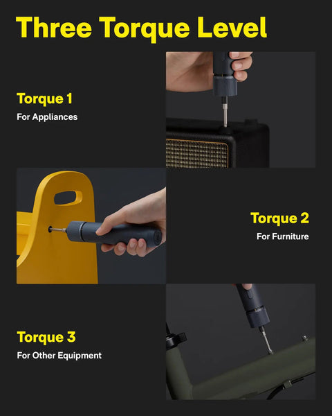 Three torque settings shown using the Cordless Electric Screwdriver Kit With USB C Charge on appliances, furniture, and equipment.