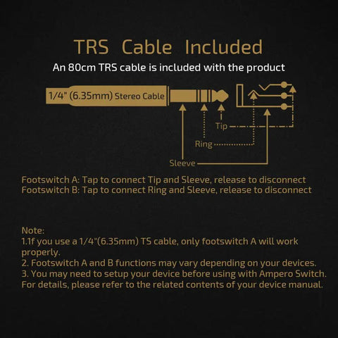 Diagram showing 6.35mm TRS cable connections for Dual Footswitch Pedal For Guitar Effects Rig Gear Momentary 2-Way Foot Switch.