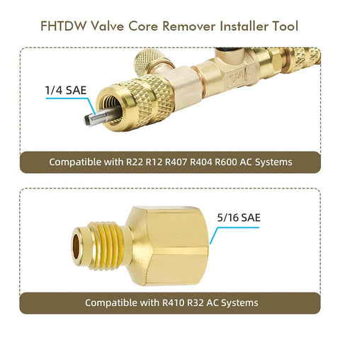 Valve Core Remover and HVAC Service Wrench Set with Hex Bit Adapters for R410A Systems, brass tool with 1/4 and 5/16 SAE sizes