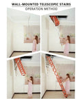 Wall-mounted electric remote attic ladder operation method with user pulling down smooth gliding carbon steel stairs.
