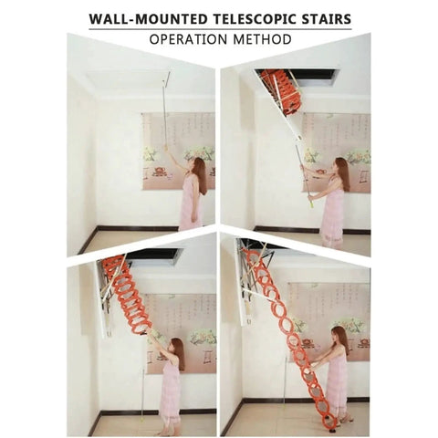 Wall-mounted electric remote attic ladder operation method with user pulling down smooth gliding carbon steel stairs.