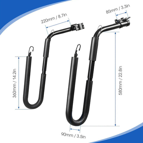 Adjustable Bicycle Surfboard Rack With Upgraded Design dimensions in mm and inches, showing aluminum and stainless steel construction.