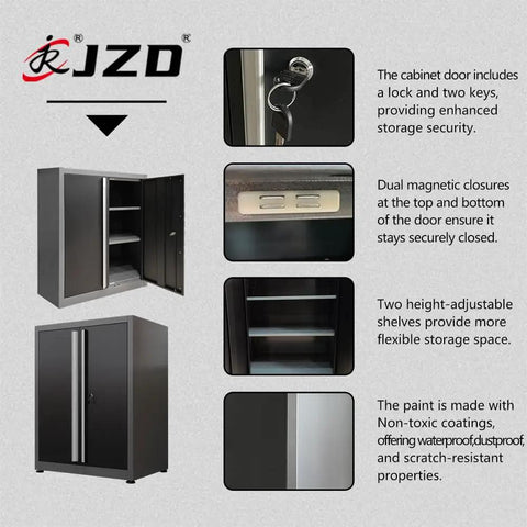 Tough As Nails Garage Workbench And Cabinet System With Locking Drawers, showcasing a secure cabinet with adjustable shelves.