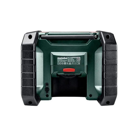 Back view of Hardworking Cordless Jobsite Radio with Bluetooth, AM FM, DSP Tuner, and Illuminated LCD Display, battery compartment visible
