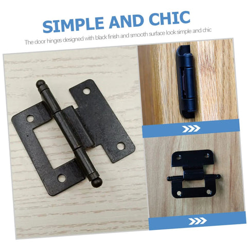SHINEOFI 6-piece black iron cabinet door hinges; heavy-duty, shown unmounted and mounted on wood cabinet doors.