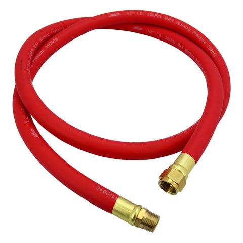 Six Foot One Half Inch EPDM Rubber Leader Hose for Air Lines Reels and Compressors with brass fittings, red color