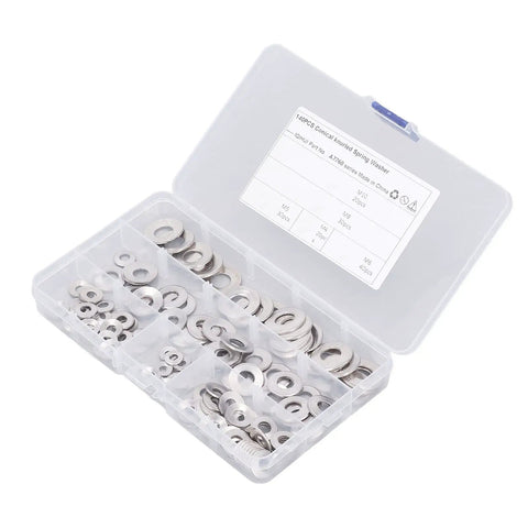 Stainless Steel Knurled Conical Spring Washer Kit, 140 Pieces, Includes M4 M5 M6 M8 M10 Sizes, Serrated And Durable, Organized Storage Box, Ideal For Automotive, Machinery, And DIY Fastener Assemblies. Assorted stainless steel washers in labeled storage box.