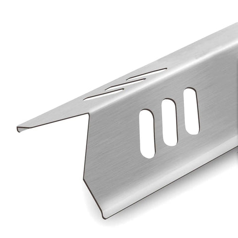 Close-up of heavy duty stainless steel 15 Inch Grill Heat Shield Burner Cover for Gas BBQ, showing flame guard slots.