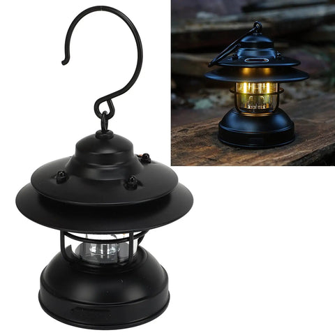 Retro LED Camping Lantern Portable Hanging Light With Dual Power Supply IPX4 Waterproof Adjustable Brightness 35 To 100 Lumens
