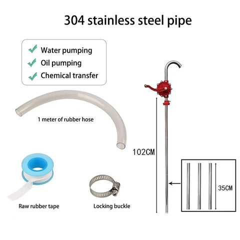 Heavy Duty Manual Fuel Transfer Pump For Drum Barrels, Hand Pump With 1 Meter Hose, Portable For Diesel Gasoline And Heating Oil, Easy Transfer, No-Fuss Operation, Delivers Up To 8 Gallons Per Minute, 304 stainless steel pipe