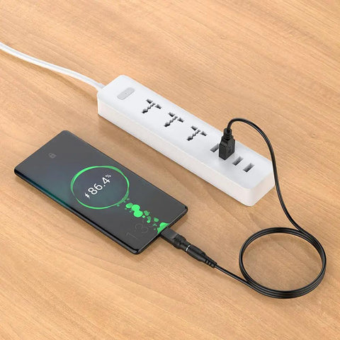 USB To DC 5V Power Cord With 10 Connector Tips For Easy Plug-and-Play Power Across Your Gadgets 5.5x2.1mm Plug Jack Includes 5.5x2.5, 4.8x1.7, 4.0x1.7, 4.0x1.35, 3.5x1.35, 3.0x1.1, 2.5x0.7, Micro USB, Type-C, Mini USB, 5FT connected to phone and power strip