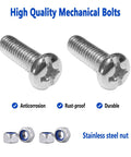 Two high-quality stainless steel bolts and nuts on a white background with anticorrosion and rust-proof features.