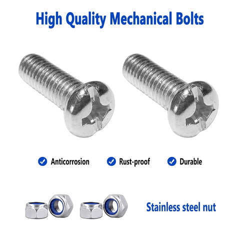 Two high-quality stainless steel bolts and nuts on a white background with anticorrosion and rust-proof features.