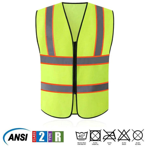 High Visibility Neon Safety Vest Pack Of 10 With Zipper And Reflective Strips, Size L, Breathable 100 Percent Polyester Front View