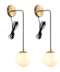 Set Of Two Brushed Gold Plug In Wall Sconces With White Glass Globe Shades Dope Modern Indoor Wall Lights With Cord For Bedrooms
