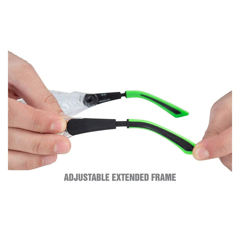 Hands adjusting flexible earpieces on Safety Glasses With Readers Plus 3.00 Magnification, UV Protection, ANSI Z87 High Impact Lenses.