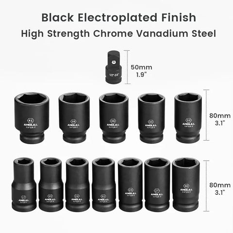 Three Quarter Inch Drive Deep Impact Socket Set, 13 Piece Metric Through 41mm, 6 Point Design, Black Phosphate Finish