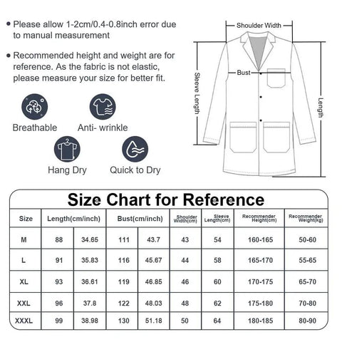 Size chart for unisex white lab coat for students and pros, spillproof medical coat, XXL size, includes measurements and care icons.