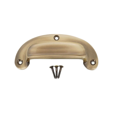 Antique Brass Cup Pull Handle with ergonomic grip and screws for cabinets drawers wardrobes and kitchen cupboards traditional hardware