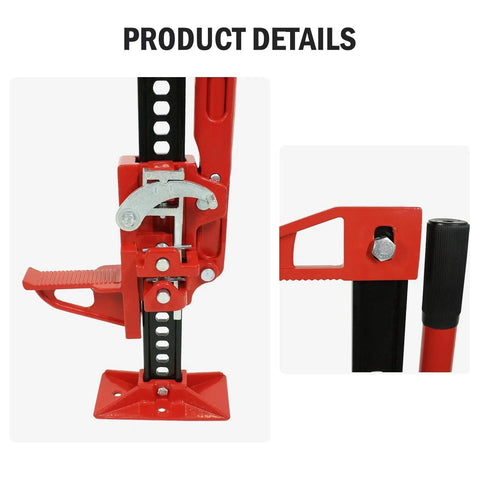 Close-up of 60 Inch Ratcheting Off Road Utility Jack 3 Ton 6600 Lb Heavy Duty Floor Bumper Lift, showing red steel ratchet mechanism and handle.