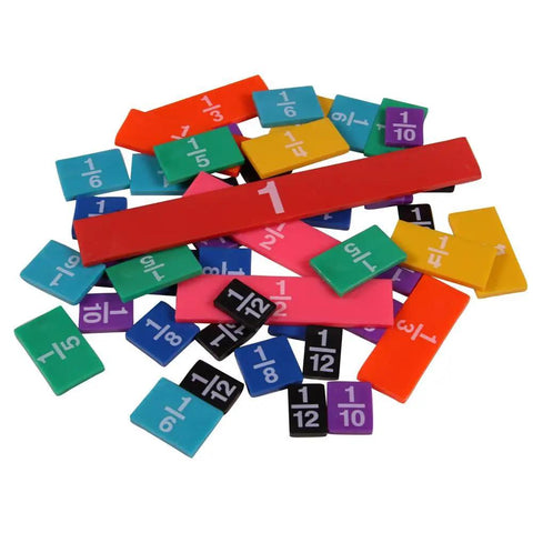Plastic Rainbow Fraction Tiles For Montessori Math Learning, colorful hands-on fraction manipulatives with unit fractions visible.
