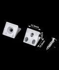50 Pcs Heavy Duty L Shaped Angle Brackets For Sagging Drawer Repair And Furniture Stabilization With Rust Resistant Steel Screws 90 Degree Corner Support Set showing white plastic brackets with dimensions and screws.