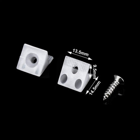 50 Pcs Heavy Duty L Shaped Angle Brackets For Sagging Drawer Repair And Furniture Stabilization With Rust Resistant Steel Screws 90 Degree Corner Support Set showing white plastic brackets with dimensions and screws.