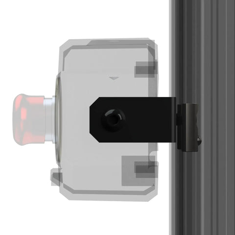 Emergency Stop Mount For Podium Kill Switch, USA Made Sim Racing Rig Bracket, side view showing black 8020 aluminum profile attachment