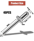 Aluminum Blind Rivets Set 1/4 By 1/2 Inch Large Flange Pull Rivets Self Plugging Pop Rivets Kit For Home DIY Projects And Household Appliances, 40 Pcs In Sturdy Transparent Storage Box For Easy Carry, showing single rivet with measurements.