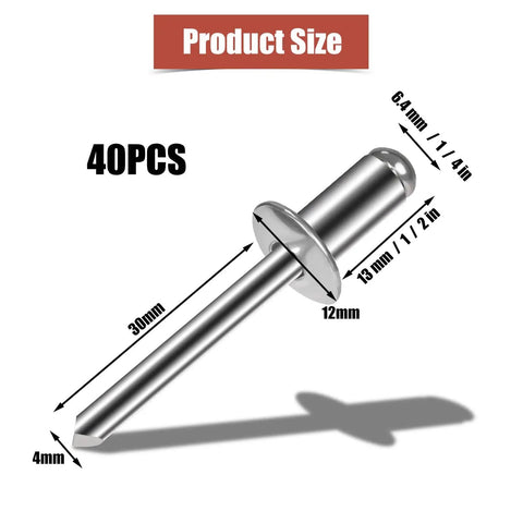 Aluminum Blind Rivets Set 1/4 By 1/2 Inch Large Flange Pull Rivets Self Plugging Pop Rivets Kit For Home DIY Projects And Household Appliances, 40 Pcs In Sturdy Transparent Storage Box For Easy Carry, showing single rivet with measurements.