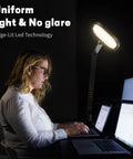 Woman using LED Desk Lamp With Eye Care Diffused Light, 3 Color Temperatures And 10 Brightness Levels, Dimmable Office Lamp With Memory And Timer, Metal Swing Arm, Converts To Webcam Light For Home Office at desk.