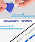 Unwired 4 Pin RGB LED Strip Connectors Kit With Gapless Corner And Straight Connectors For Multicolor 5050 LED Strips 5V 12V 24V No Tool Needed Easy Install Strong Connection 40 Pack showing opening tools and mounting clips