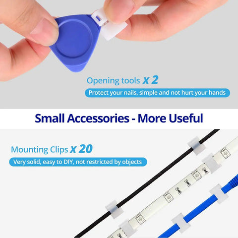 Unwired 4 Pin RGB LED Strip Connectors Kit With Gapless Corner And Straight Connectors For Multicolor 5050 LED Strips 5V 12V 24V No Tool Needed Easy Install Strong Connection 40 Pack showing opening tools and mounting clips