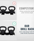 Comparison showing competitors' rack bending and Wall Mounted Drill Storage Rack for Four Drills Holds Up To 35 Lbs Heavy Duty Steel With Powder Coated Finish No Assembly Required With Mounting Hardware For Garage Home Workshop And Shed supporting weight