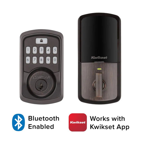 Front view of Aura Bluetooth Programmable Keypad Door Lock Deadbolt With SmartKey Security in Venetian Bronze Finish, Kwikset shown.