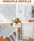 Solid Aluminum Access Panel With Key Lock For Drywall And Ceilings shown installed in ceiling, wall, attic, and plumbing areas.