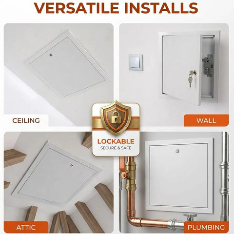 Solid Aluminum Access Panel With Key Lock For Drywall And Ceilings shown installed in ceiling, wall, attic, and plumbing areas.