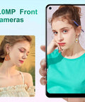 5.0MP front camera on unlocked 3G Android smartphone showcasing a young woman with earrings, crisp display, and turquoise shirt.